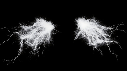 Obraz premium Two white thunder electric lightning bolts on black background dynamic natural energy