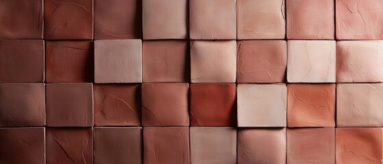 Close-up of a wall made up of small square tiles arranged in a grid-like pattern. the tiles are of different shades of brown and beige, creating a warm and earthy tone.