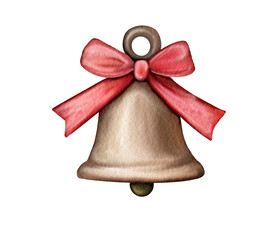 Watercolor Christmas bell, bow. Hand painted illustrations, isolated on white background. Golden metal bells with red bows