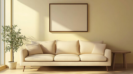 Round accent coffee table near beige sofa against wall with frame, minimalist interior design of modern living room