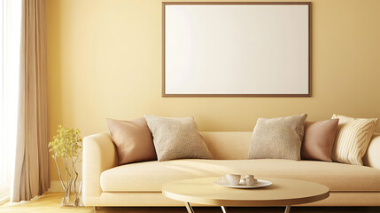 Round accent coffee table near beige sofa against wall with frame, minimalist interior design of modern living room