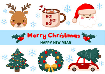 Cozy collection of Christmas and New Year things. Set of traditional winter symbols, elements and decorations Christmas tree, car with Christmas tree, mistletoe, deer, Santa Claus and others. Colored 