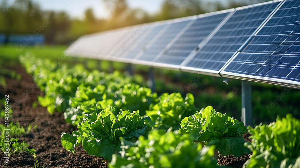 Aufkleber rows of lettuce growing under rows of solar panels in an agrivoltaic system, maximizing land use for