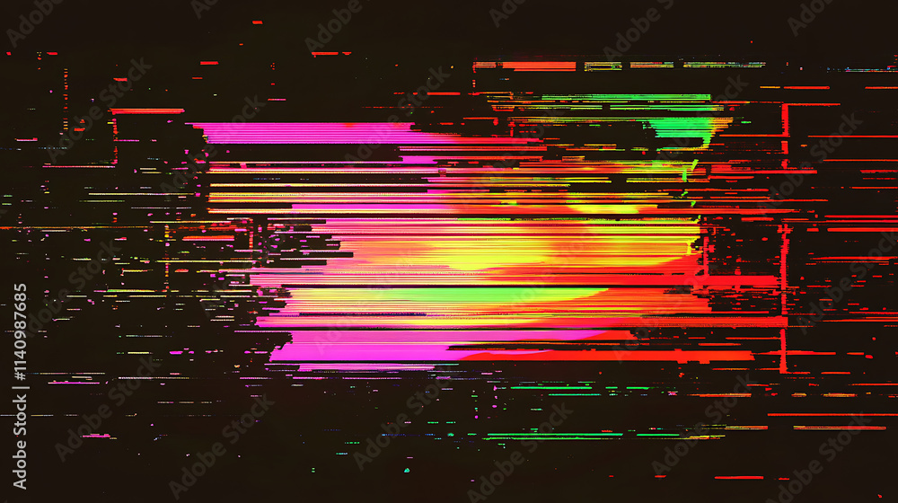 Aufkleber vhs glitch, static lines of code, neon color scheme, dark background