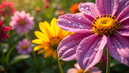 Obraz premium Close-up of blooming garden flowers with water droplets and vibrant colors in sunlight