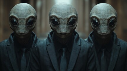 Three aliens dressed in suits and ties stand in a hallway