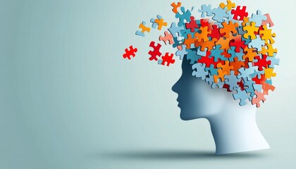Creative representation of a head with puzzle pieces on a blue background