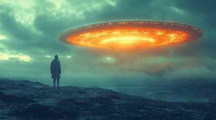 A person stands on a hill looking at a large, glowing object in the sky