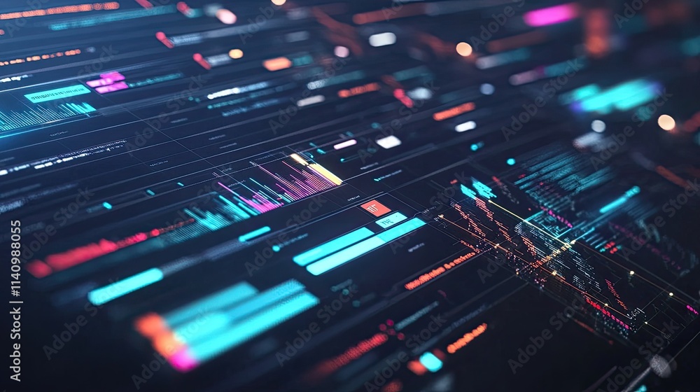 Wall mural abstract digital data visualization with glowing charts, graphs, and lines on a dark background.