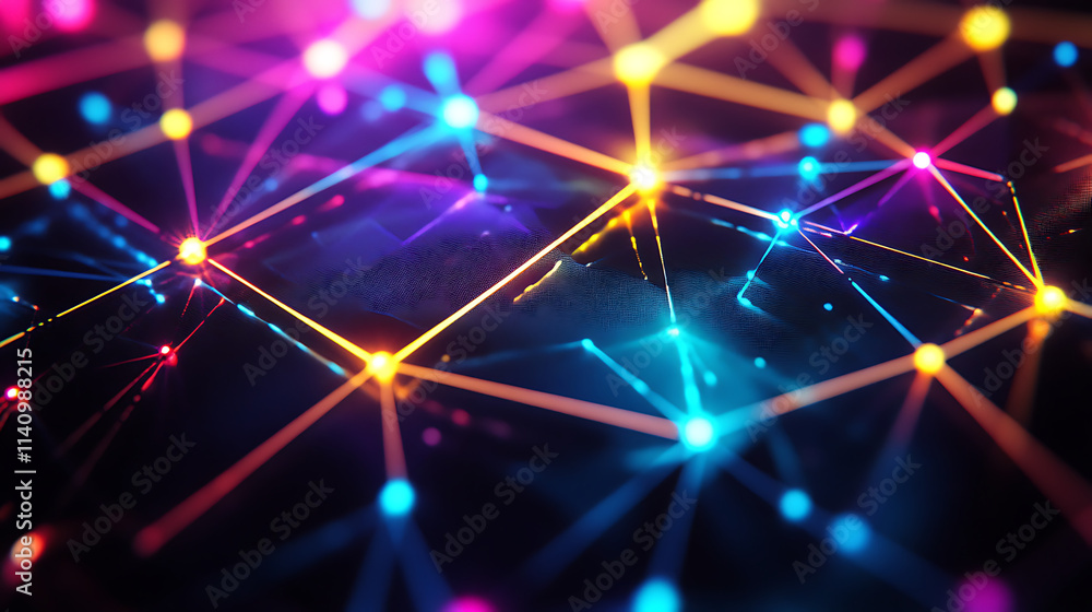 Leinwandbilder vibrant geometric digital world map with neon glowing lines representing connectivity and global net