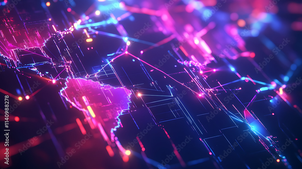 Poster Vibrant geometric digital world map with neon glowing lines representing connectivity and global network