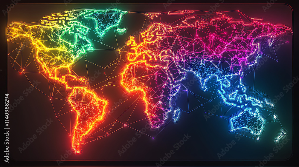 Leinwandbilder vibrant geometric digital world map with neon glowing lines representing connectivity and global net