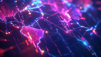 Obraz premium Vibrant geometric digital world map with neon glowing lines representing connectivity and global network