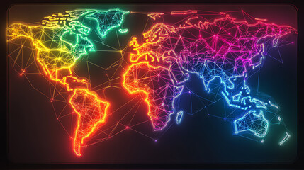 Vibrant geometric digital world map with neon glowing lines representing connectivity and global network
