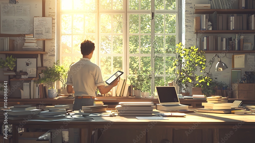 Poster man working from home office, sunlight streaming through window, stacks of books and papers on desk.