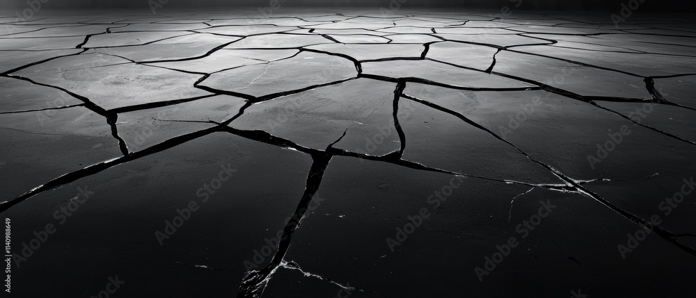 Poster black and white photograph of a cracked ground. the cracks are deep and wide, creating a pattern tha