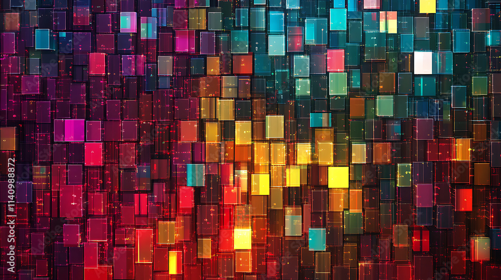 Poster vibrant wall of colorful glowing code bits blocks technology background
