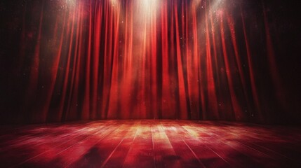 The interplay between light and maroon red curtains enhances the drama of the stage.