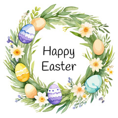 Happy Easter! Watercolor hand drawn painting of a easter wreath with colorful eggs and spring flowers. Vector illustration isolated on white background.