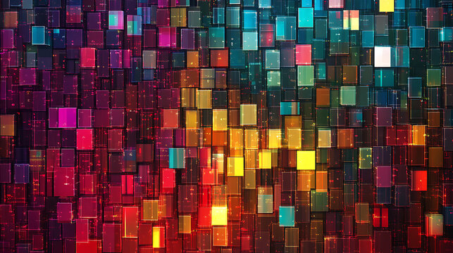 Vibrant wall of colorful glowing code bits blocks technology background