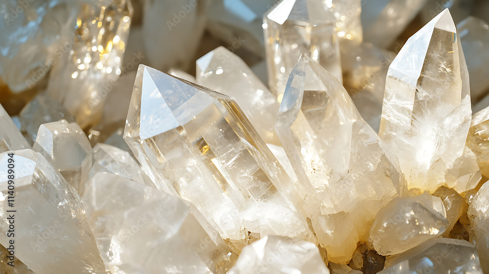 Poster seamless pattern of crystal clear quartz cluster with reflective surfaces, ideal for luxury and well