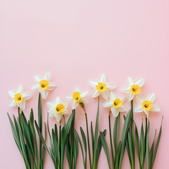 Obraz premium Composition of spring flowers, daffodil flowers on pink background. Easter, Valentine's Day, Women's Day, Mother's Day postcard. Flat lay, top view, copy space, place for text. Square
