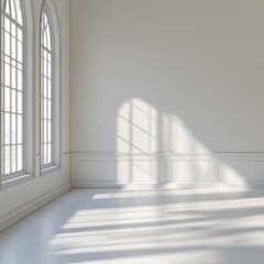 Obraz premium Bright modern interior with large windows showcasing natural light and shadows in a minimalist space