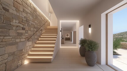 Fototapeta premium Modern Minimalist Villa Interior: Illuminated Staircase and Stone Wall