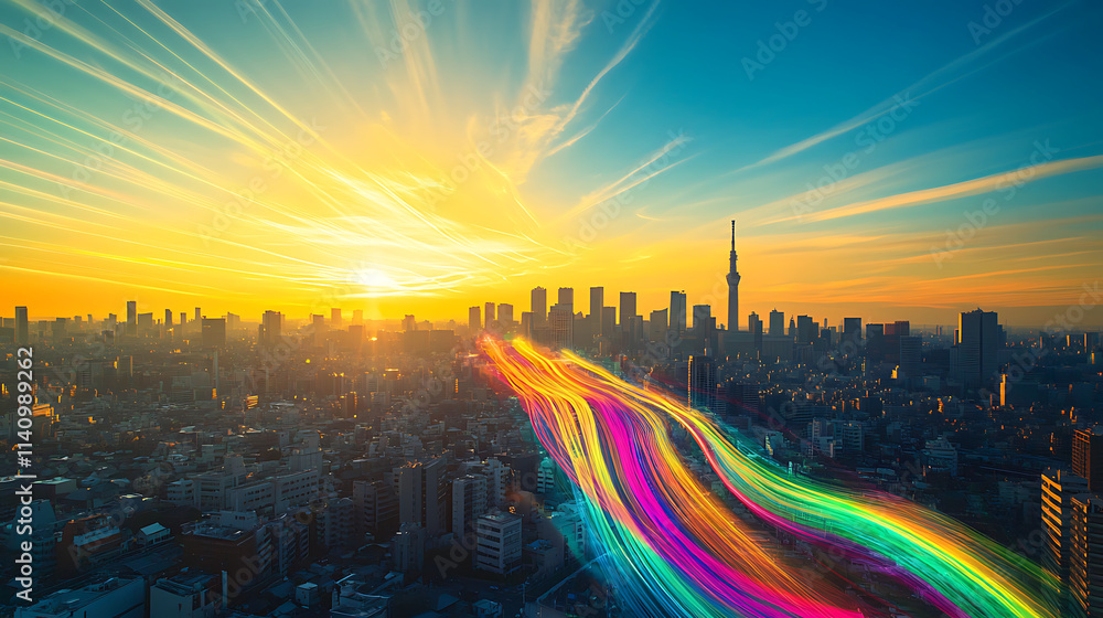 Poster view of the tokyo skyline, a cityscape with a blue sky and bright sunlight, digital light streaks in