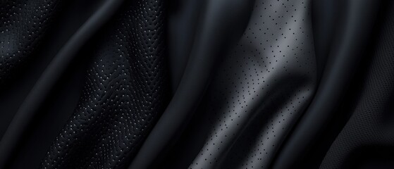Fototapeta premium Close-up of a black fabric with a textured pattern. the fabric appears to be made of a shiny, shiny material and has a smooth, shiny texture.