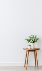 Bright and Minimalist Interior Decor with Wooden Table and Fresh Green Plants in Stylish Pots