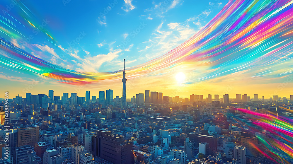 Poster view of the tokyo skyline, a cityscape with a blue sky and bright sunlight, digital light streaks in