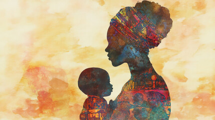 Watercolor Silhouette of Mother and Child for Black History Month