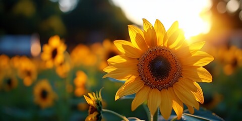 Fototapeta premium Vibrant sunflower in a field at sunset.