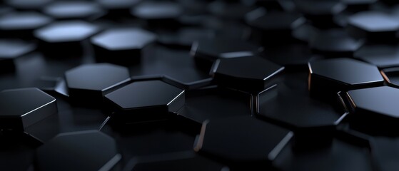 Obraz premium Close-up of a group of black hexagons arranged in a grid-like pattern. the hexagons are of different sizes and shapes, with some being larger and some being smaller.