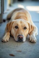 A relaxed Labrador retriever lies quietly on a surface.