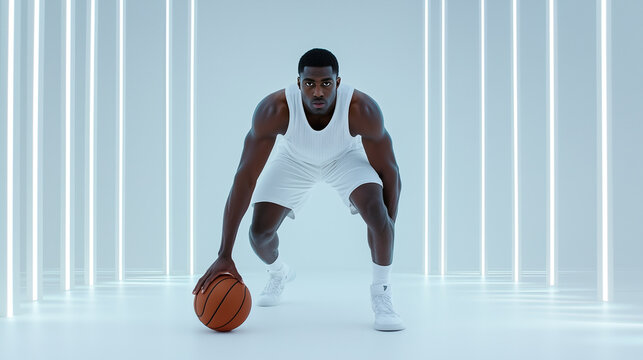 Focused black basketball player dribbling in a modern white studio with vertical neon lighting
