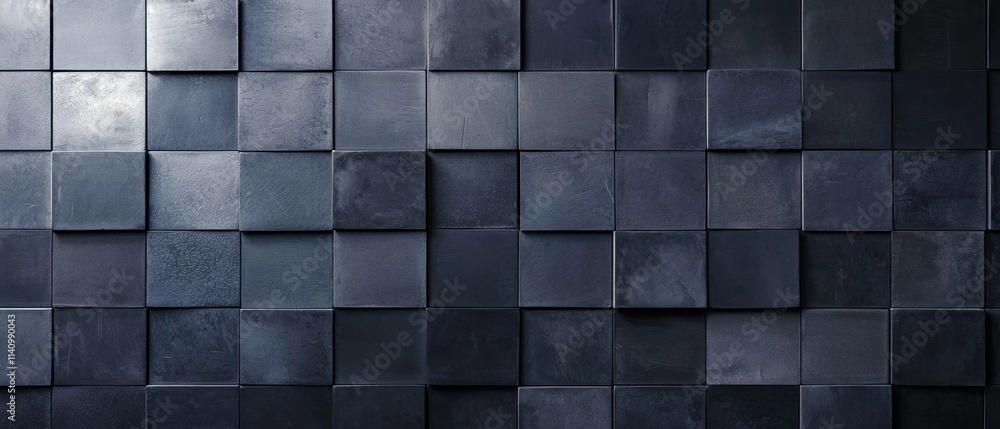 Poster close-up of a wall made up of small square tiles arranged in a grid-like pattern. the tiles are dark