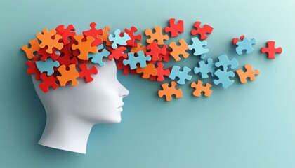 Creative representation of a head with puzzle pieces on a blue background
