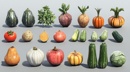 Set of fruit and vegetables, collection of different vegetables