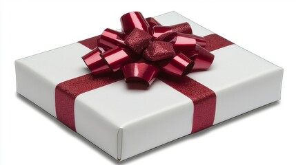 A white gift box with a large red ribbon bow
