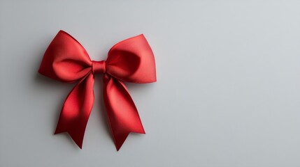 A single red satin ribbon bow on a gray background