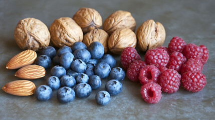 Walnuts, hazelnuts, almonds, blueberries, and raspberries are arranged on a table, suggesting a link between diet and cognitive health
