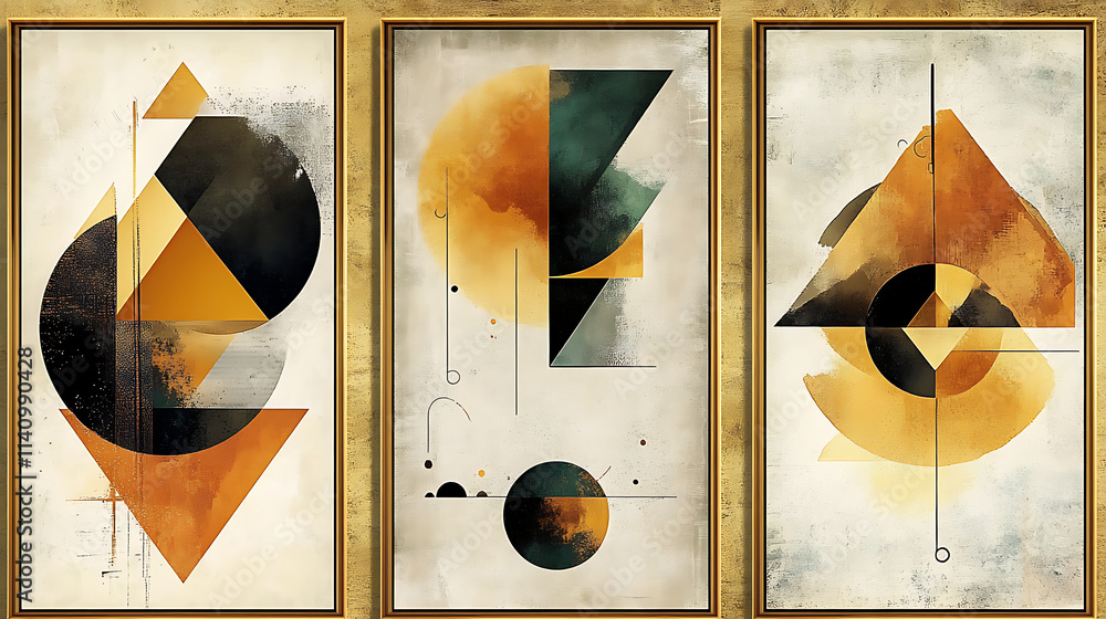 Aufkleber set of three abstract posters with geometric shapes in gold frames
