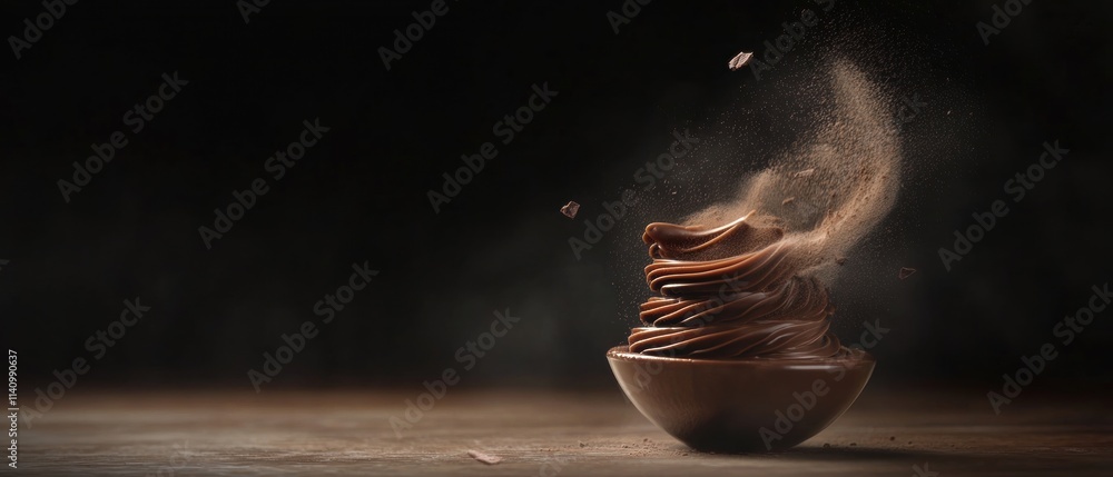 Poster small bowl of chocolate ice cream on a wooden table. the ice cream is in the shape of a spiral, with