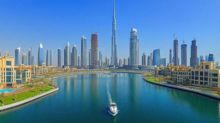 Fototapeta premium A breathtaking skyline of Dubai featuring innovative skyscrapers and waterways.