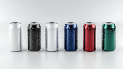 Water drop-canning aluminum cans in silver, white, black, blue, red, and green, separated on a white background
