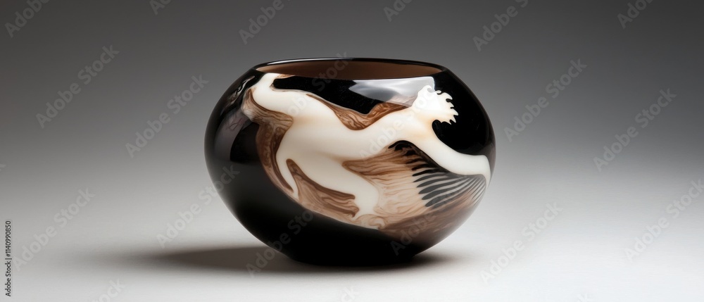 Poster the image is of a black vase with a unique design on it. the vase is round and has a smooth surface.