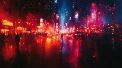 Fototapeta premium Rainy night, city street, vibrant lights, blurred figures.