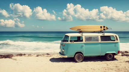 Vintage van parked by a picturesque beach.